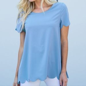 Powder blue scalloped hem short sleeve top